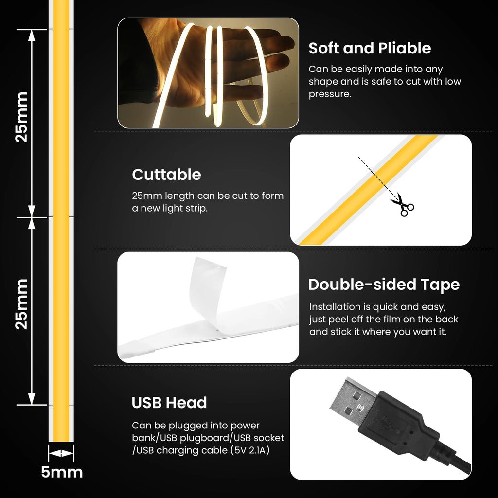 5V USB COB Led Strip Light 320 Leds/M White/Red/Green/Blue/Ice Blue/Pink PCB 3MM 5MM 8MM Flexible Ribbon Night Lamp TV Backlight
