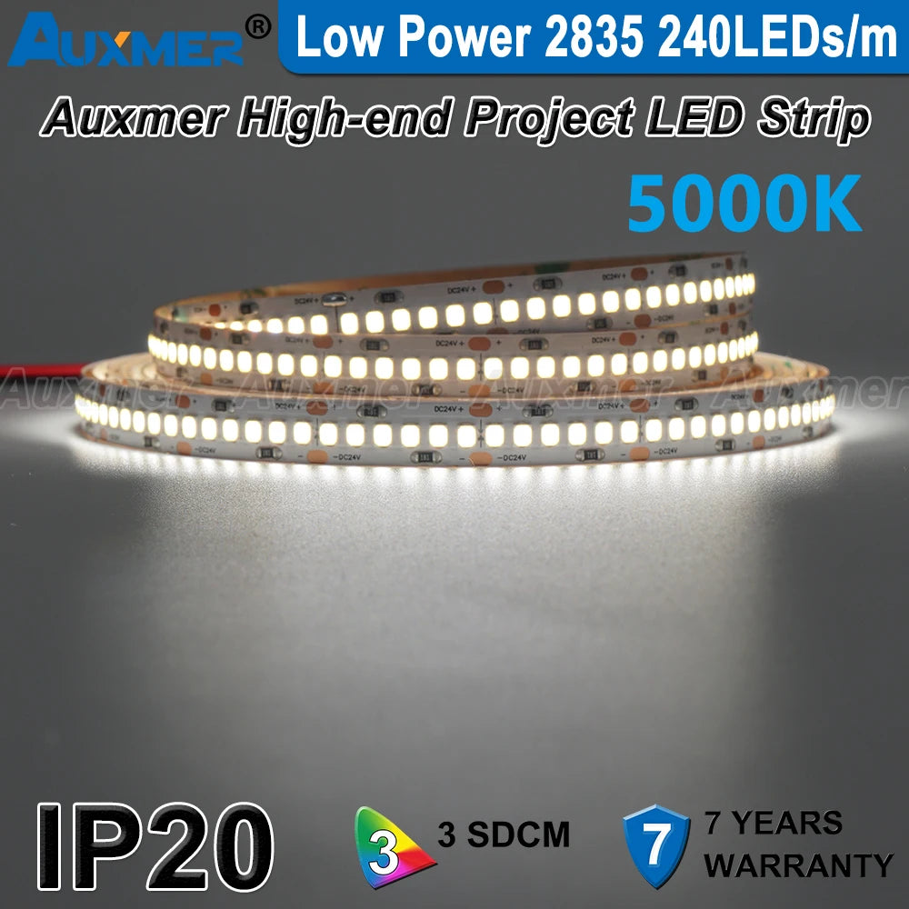 Auxmer Low Power 2835 LED Strip,Mono Color,120LEDs/m 240LEDs/m,CRI＞95/90,3SDCM,Super Bright Flex LED DC12/24V,5m/reel,IP20