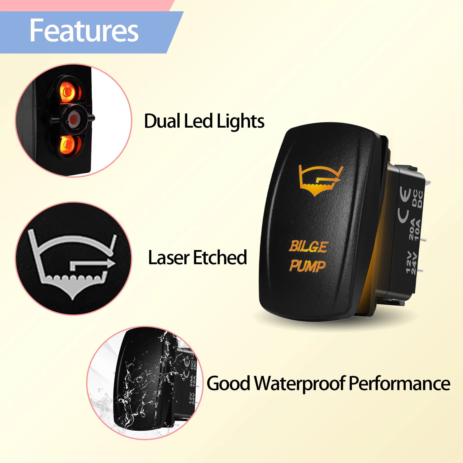 Marine Boat Rocker Switch 12/24V Orange Backlit Anchor Beacon Up Down Button ON OFF/ON OFF ON Momentary Toggle Switch Waterproof