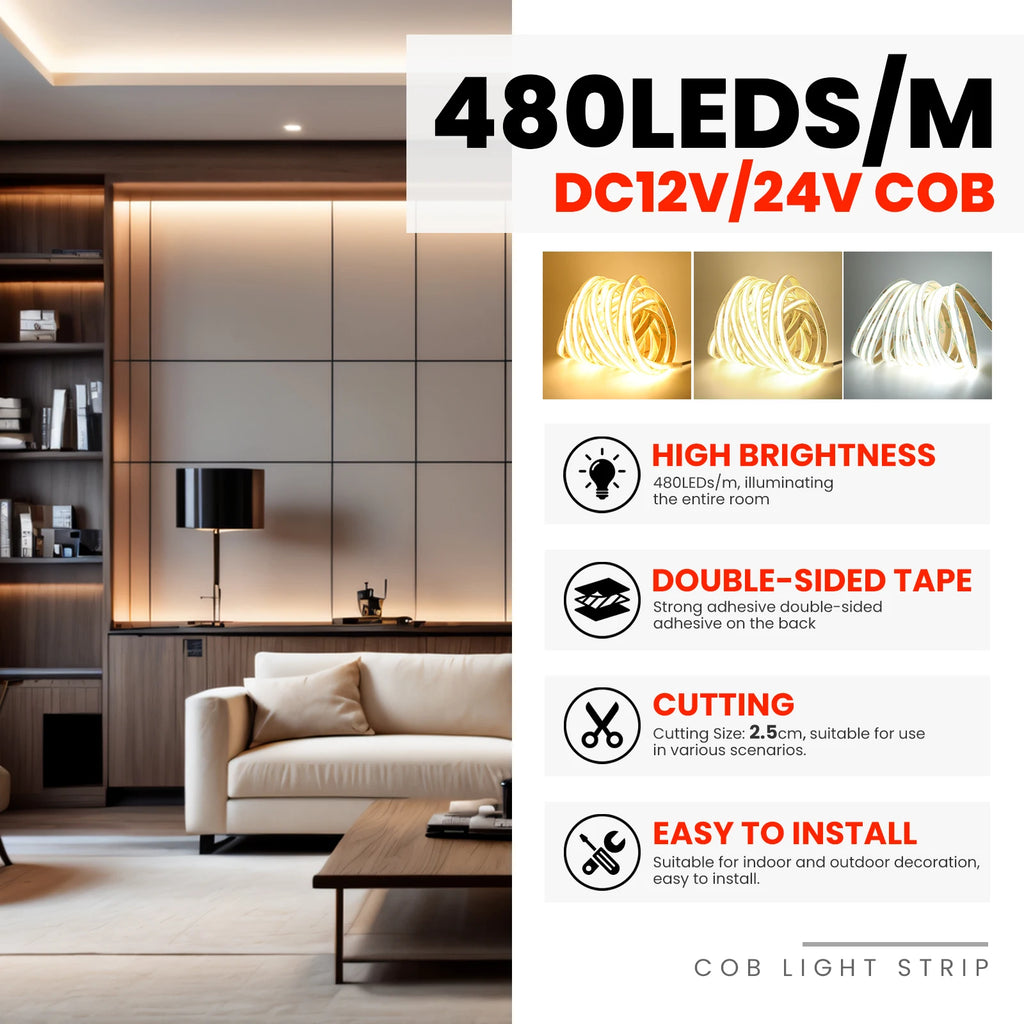 IP67 Waterproof 12/24V COB LED Strip Light 480LED/m Dimmable RA90 LED Lights High Density Flexible Ribbon Tape 3000K 4000K 6000K