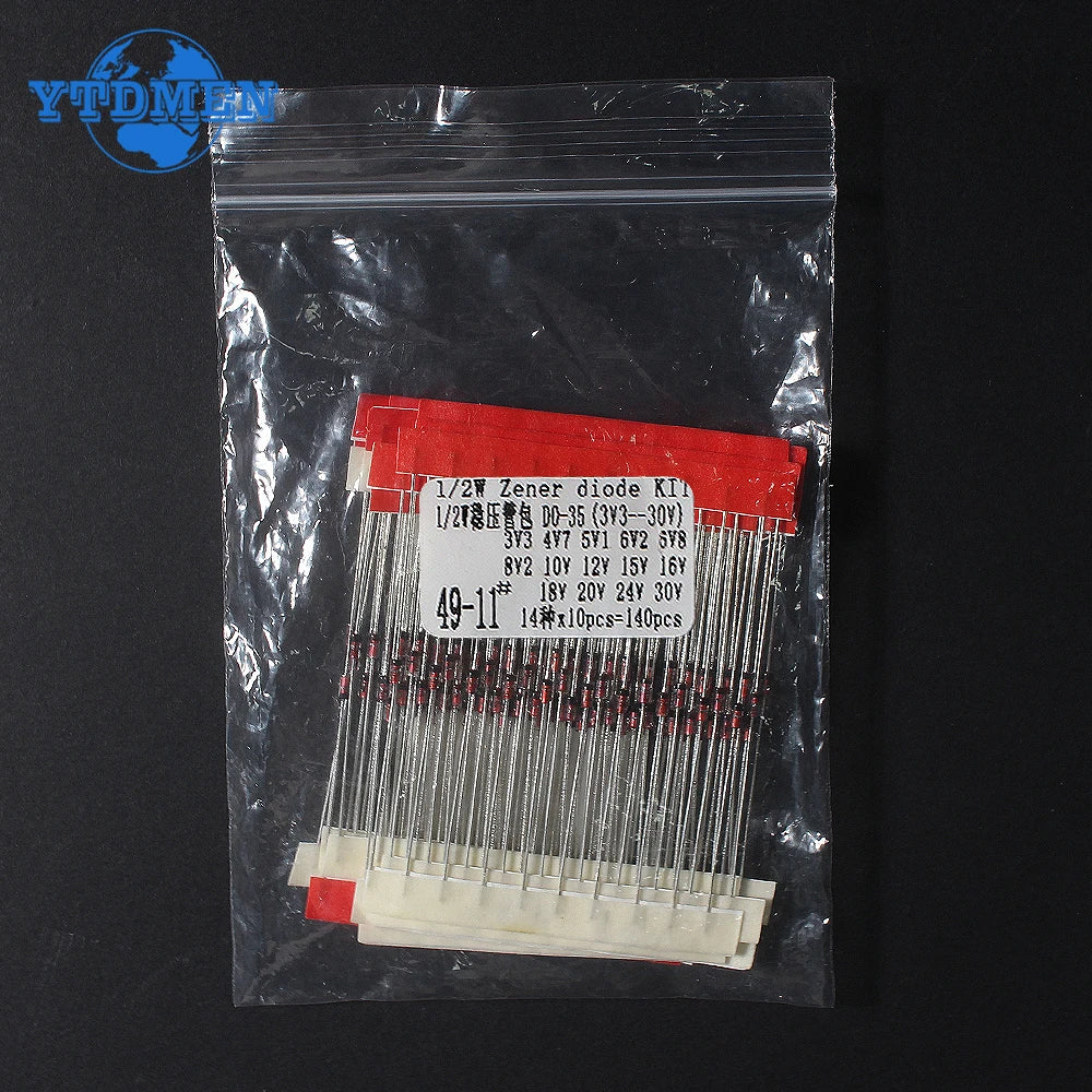 140pcs 1/2W Zener Diode Kit 0.5W DO-35 3.3V-30V 14Values Each 10pcs DIY Sample Assortment Set