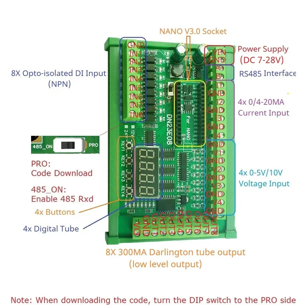 Arduino NANO V3.0 IO Board DC12V/24V RS485 8CH Relay 4-20mA 0-10V Analog Input Opto Isolated Simple PLC Timer Module