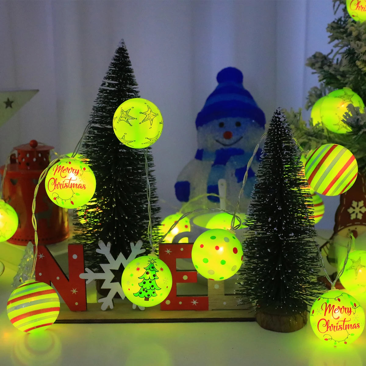 Luminous Xmas Bauble Fairy String Lights, Multipattern Printed Christmas Ball LED Garland, Whimsical Neon Tone Festive Lighting