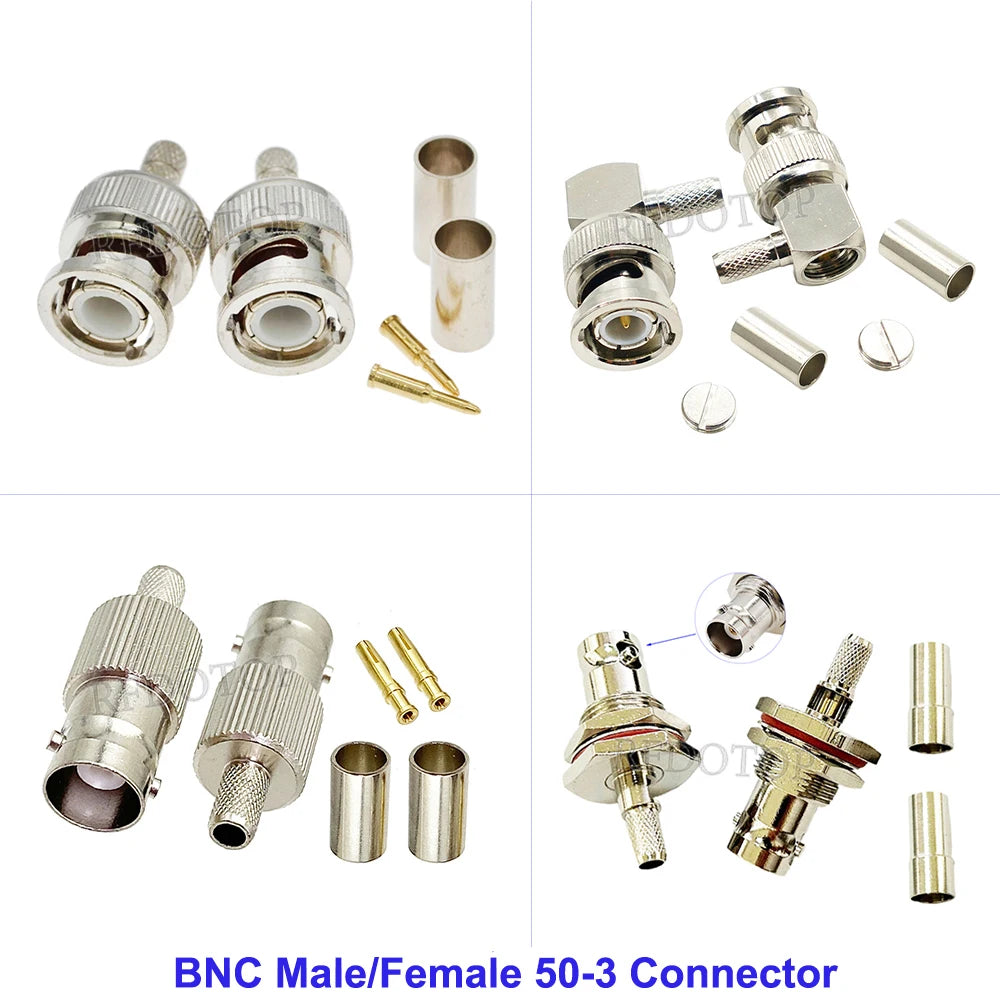 10Pcs/Lot BNC Male Female 50-3 BNC RF Coax Connector Crimp for RG58 RG142 RG223 RG400 LMR195 Cable High-Quality Low-Loss 50 Ohm