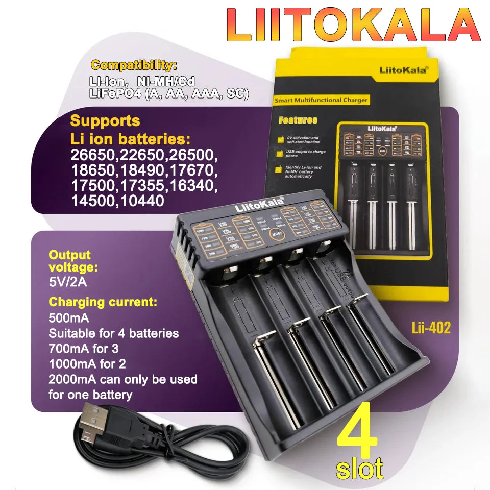 LiitoKala Lii-402 18650 Smart Battery Charger 1.2V 3.7V 3.2V 3.85V for 26650 18500 18350 17500 16340 14500  Battery