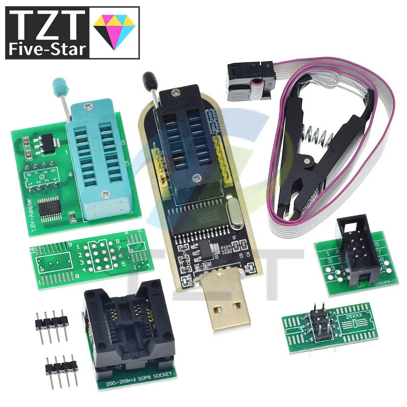 CH341A CH341B 24 25 Series EEPROM Flash BIOS USB Programmer Module + SOIC8 SOP8 Test clip + 1.8V adapter + SOIC8 Adapter DIY KIT