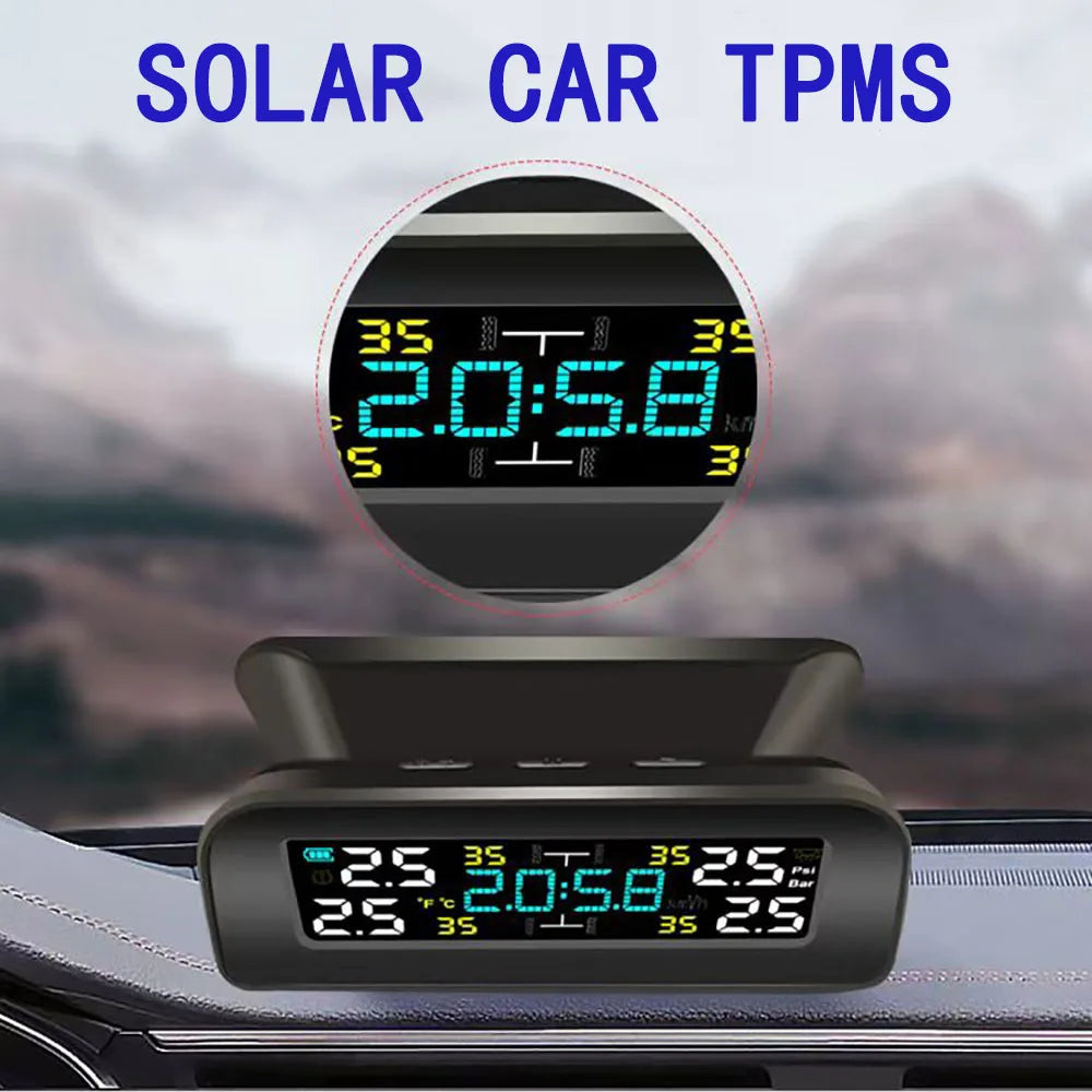 Solar Power TPMS Car Tire Pressure Monitoring System Alarm Tyre Air Pressure Meter Gauge Temperature Warning With 4 Sensors