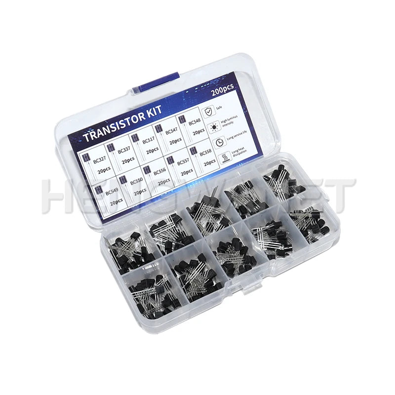 200pcs BJT Transistor Kit Bipolar Power Transistors A1015 BC327 BC337 C1815 S8050 S8850 2N2222 2N2907 2N3904 2N3906 PNP NPN