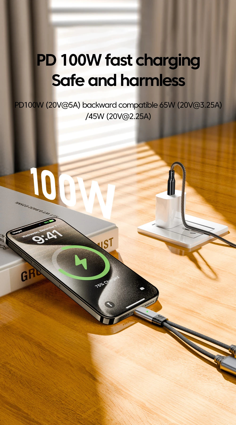 100W PD Fast Charger Cable 2 in 1 USB C Splitter Type USB C Headphones Jack Audio Adapter For Samsung iPhone 16 15 Huawei Xiaomi