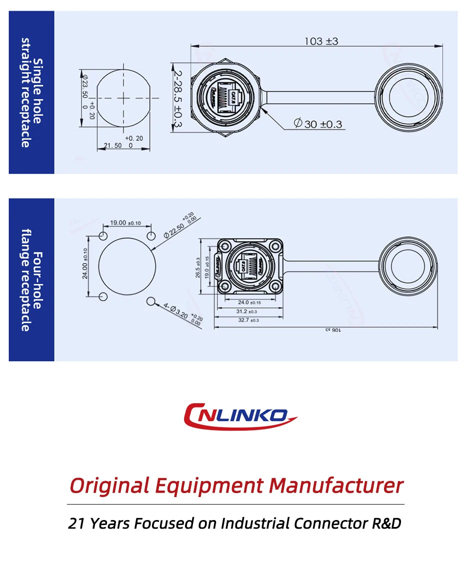 CNLINKO M20 PBT Plastic IP68 Waterproof RJ45 Cable Signal Connector YM20 CAT6 Panel Mount Socket Plug Network Ethernet Interface