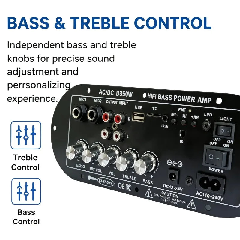 Woopker D350W HIFI Bass Power Amplifier 100W Bluetooth/USB/TF/FM Amplifier board Dual Mic AD/DC Digital Amplifier Board for home