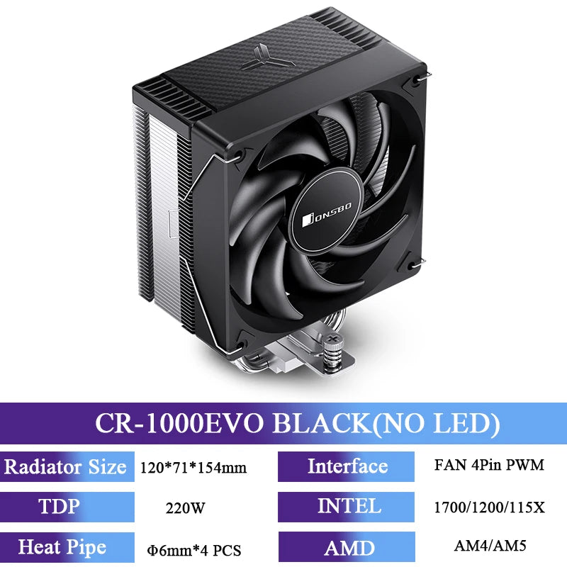 JONSBO CR-1000EVO CPU Cooler 120mm ARGB PWM CPU Cooling Fan 4 Heat Pipes TDP 220W Radiator For intel LGA 115X 1200 1700 AM4 AM5