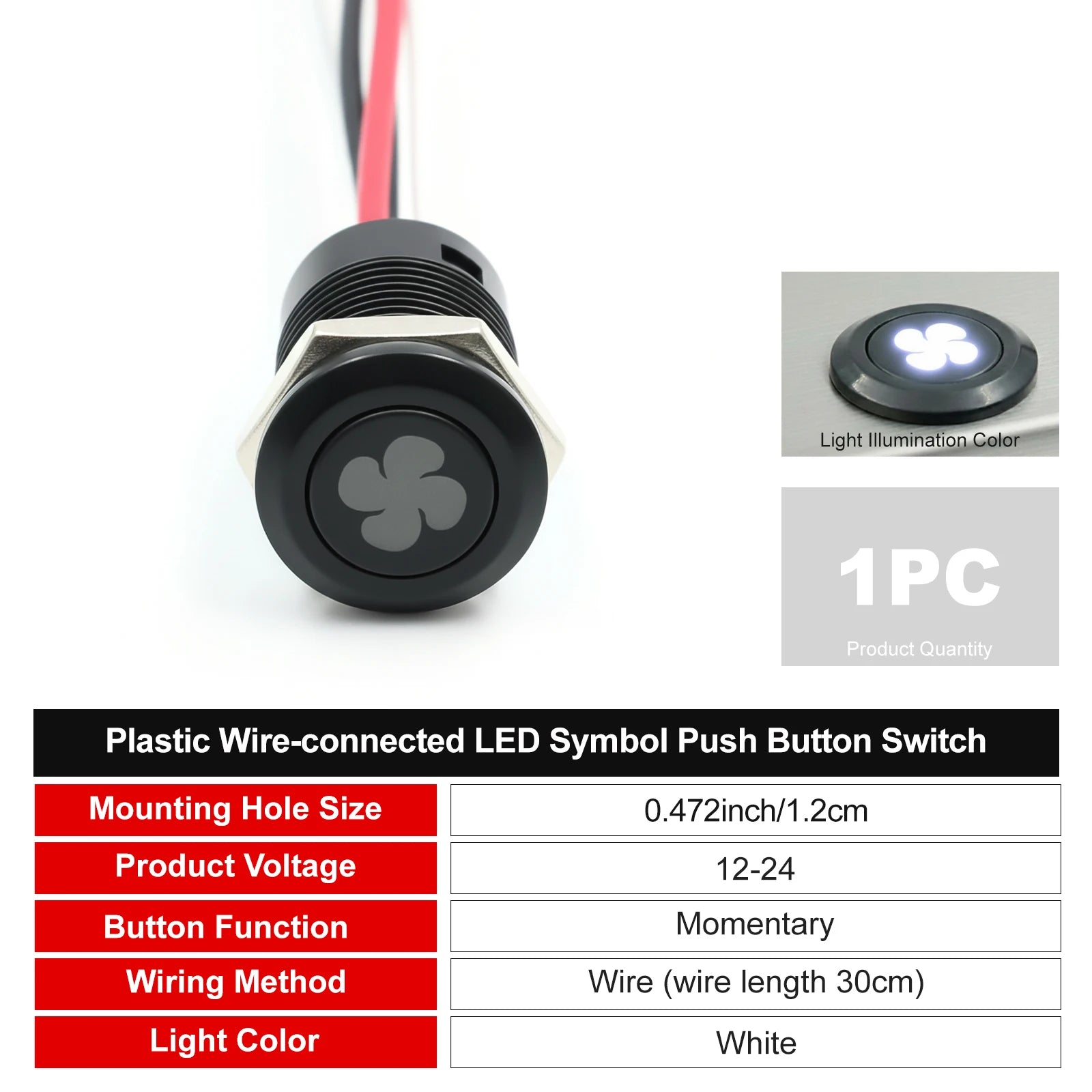 12mm Plastic Push Button Switch IP65 Waterproof 12V 24V Pre-Wired Symbol LED Dash Indicator Switch for Car Marine Boat RV Truck