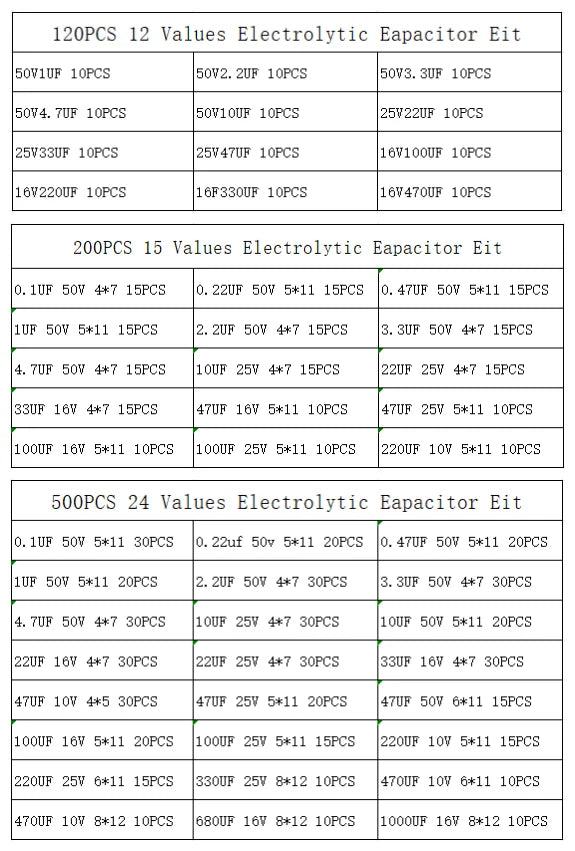 120/200/500pcs Radial Capacitors Set 12 15 24 Values 16V 25V 50V 0.1uF-1000uF Electrolytic Capacitor Assortment Kit Box