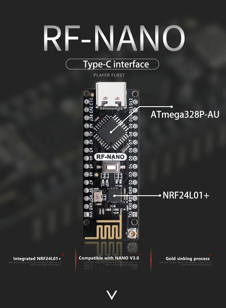 RF-Nano Board and Antenna Kit NRF24L01 Module Inside Arduino Compatible USB-C Support Arduino IDE ATmega328PB-AU Microcontroller