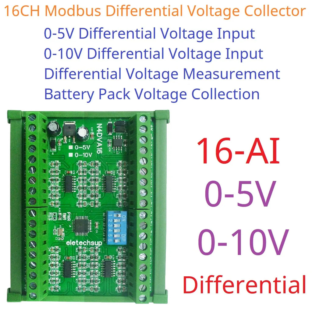 Modbus 16CH Differential Voltage Collector 0-5V 0-10V RS485 Analog Input Module for LI-ON LI-PO NIMH Lifepo4 Battery Measurement