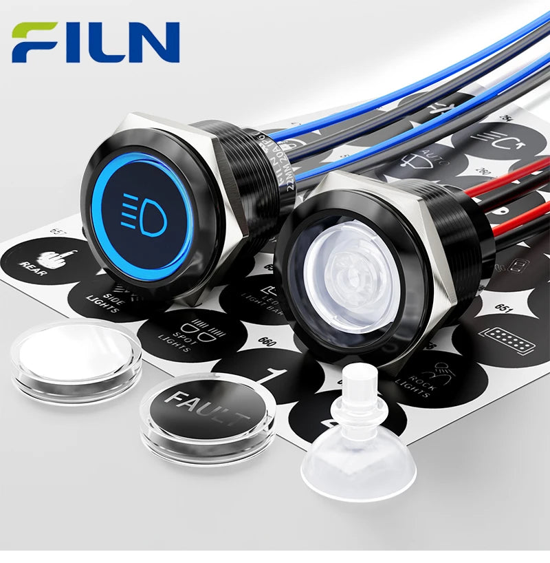 FILN 2Pcs 22mm Symbol Push Button Switch 20A IP67 Waterproof Latching Momentary Marine Switches 185 Replacement Symbols 5V-24V