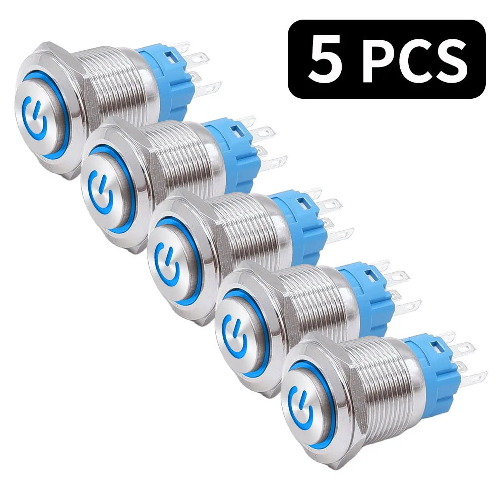5 PCS 16mm 19mm 22mm Metal Push Button Switch 12v Ring Power Buttons Waterproof LED Light Self-lock Self-reset 220V High Head