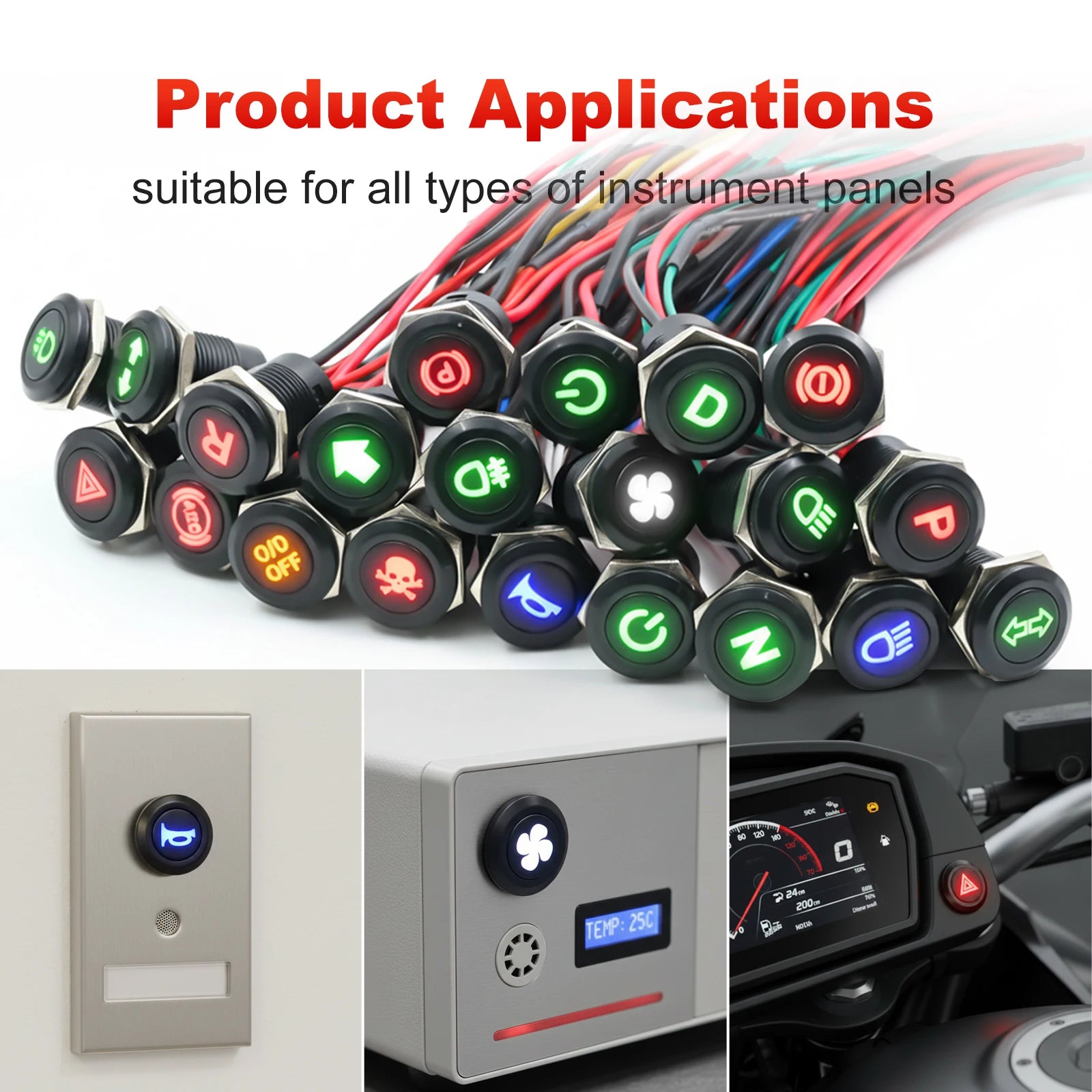 12mm Plastic Push Button Switch IP65 Waterproof 12V 24V Pre-Wired Symbol LED Dash Indicator Switch for Car Marine Boat RV Truck