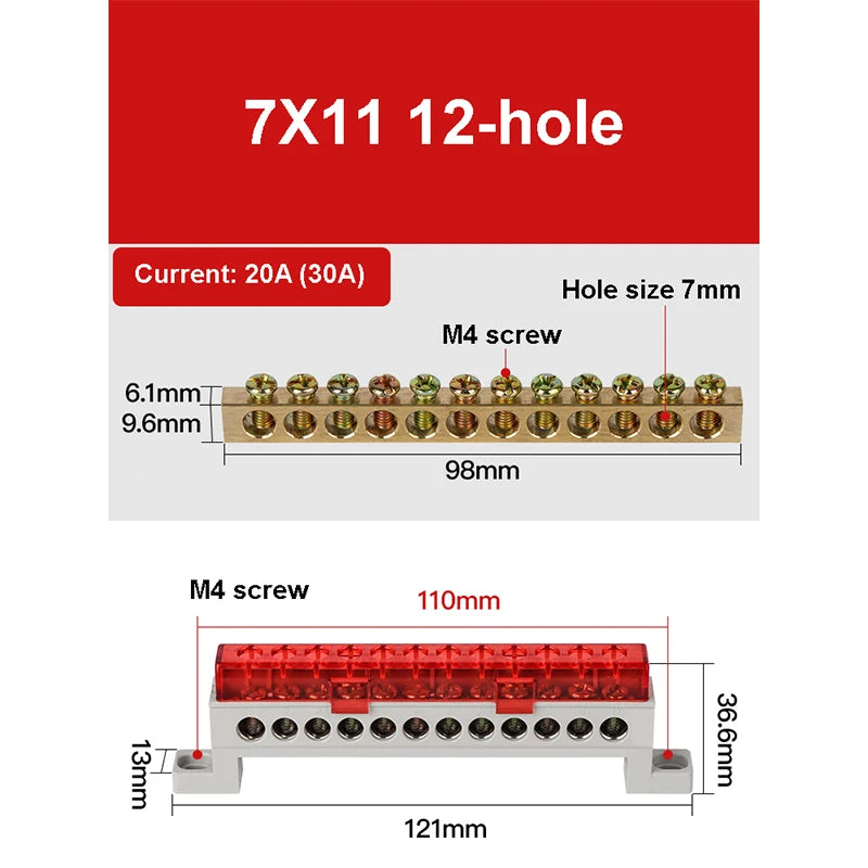A10 Series 7*11 9*14 3/4/5/6/7/8/10/12 Hole Zero Ground Row Copper Bar Connection Terminal Wiring Terminal of Distribution Box