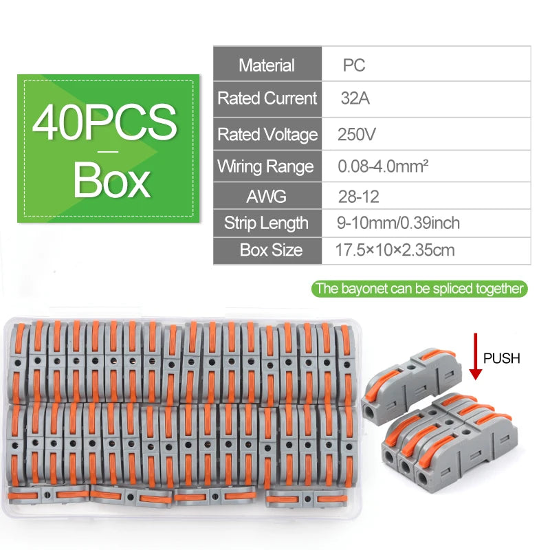 40PCS Lever Wire Connectors 1 in 1 out Quick Connect Electrical Splicing Kit for Compact Inline Terminals - 28-12 AWG