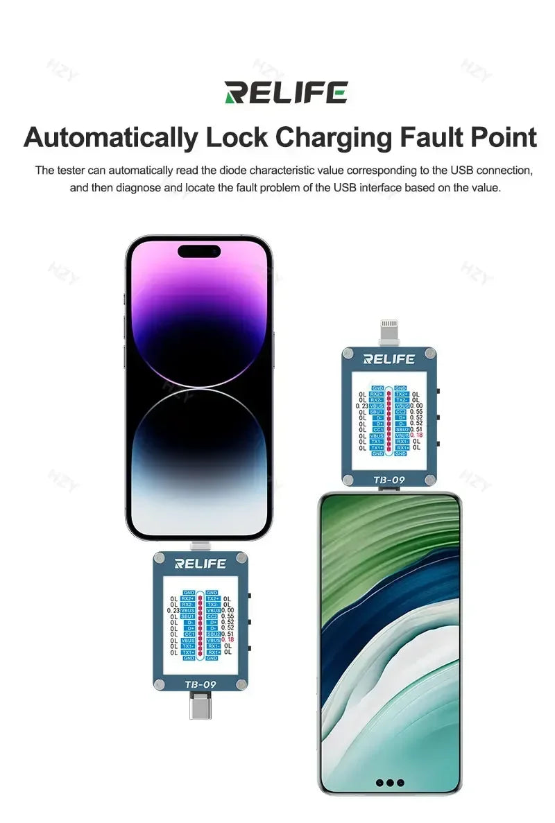 RELIFE TB-09 Tail Plug Detector Lightning Type-C Interface Charging Port Tester High-definition Display Mobile Phone Diagnosis
