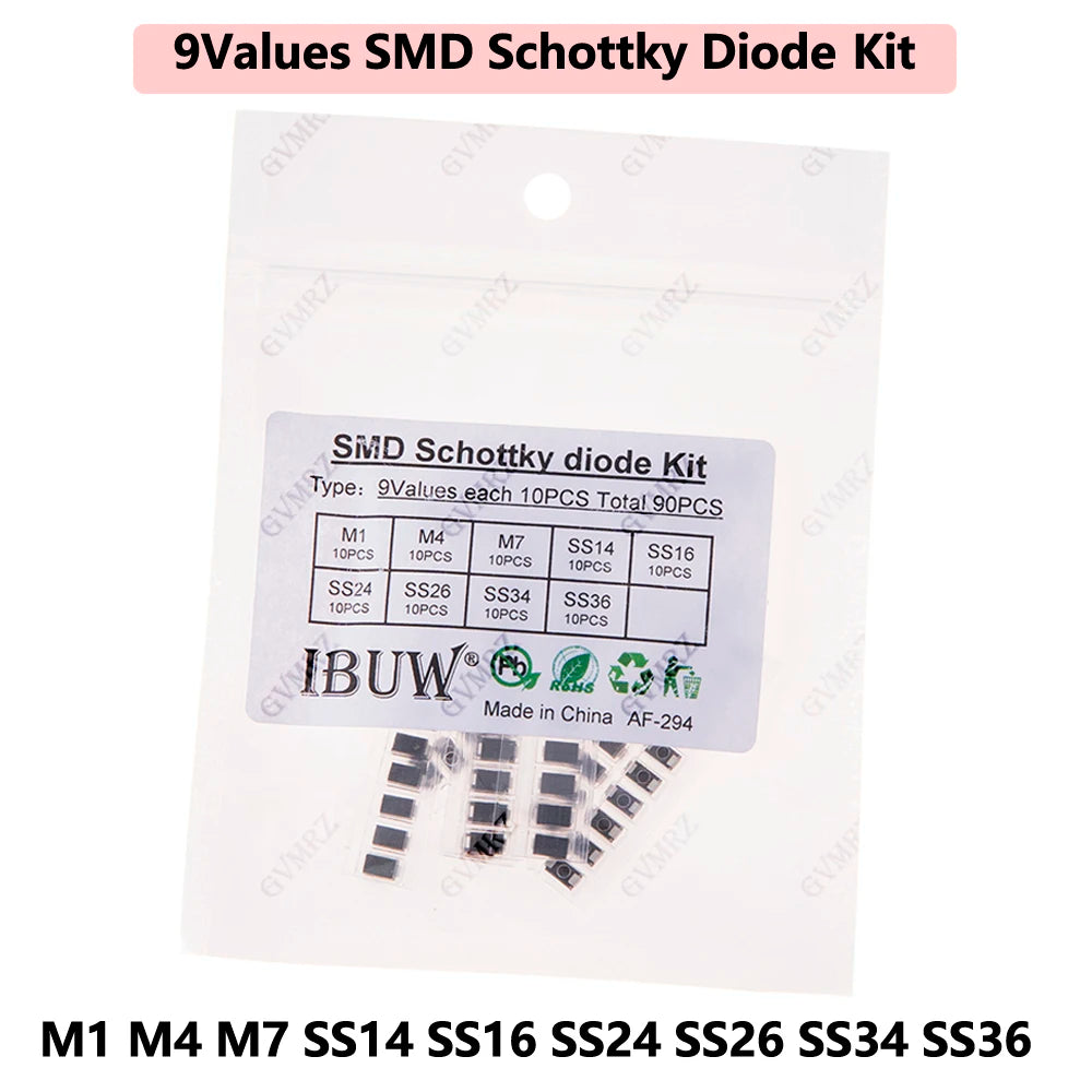 90PCS 9Values SMD Schottky Diode Kit M1 M4 M7 SS14 SS16 SS24 SS26 SS34 SS36 for Electronic Rectification Projects M1