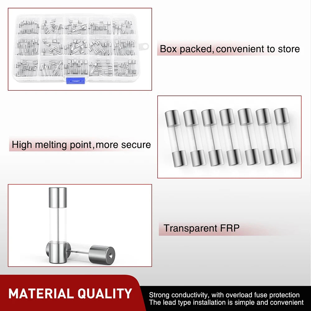 150PCS fast burning glass fuses with 10PCS 5x20mm inline fuse holder screw type 16AWG 250V 0.1A-20A glass tube fuse combination