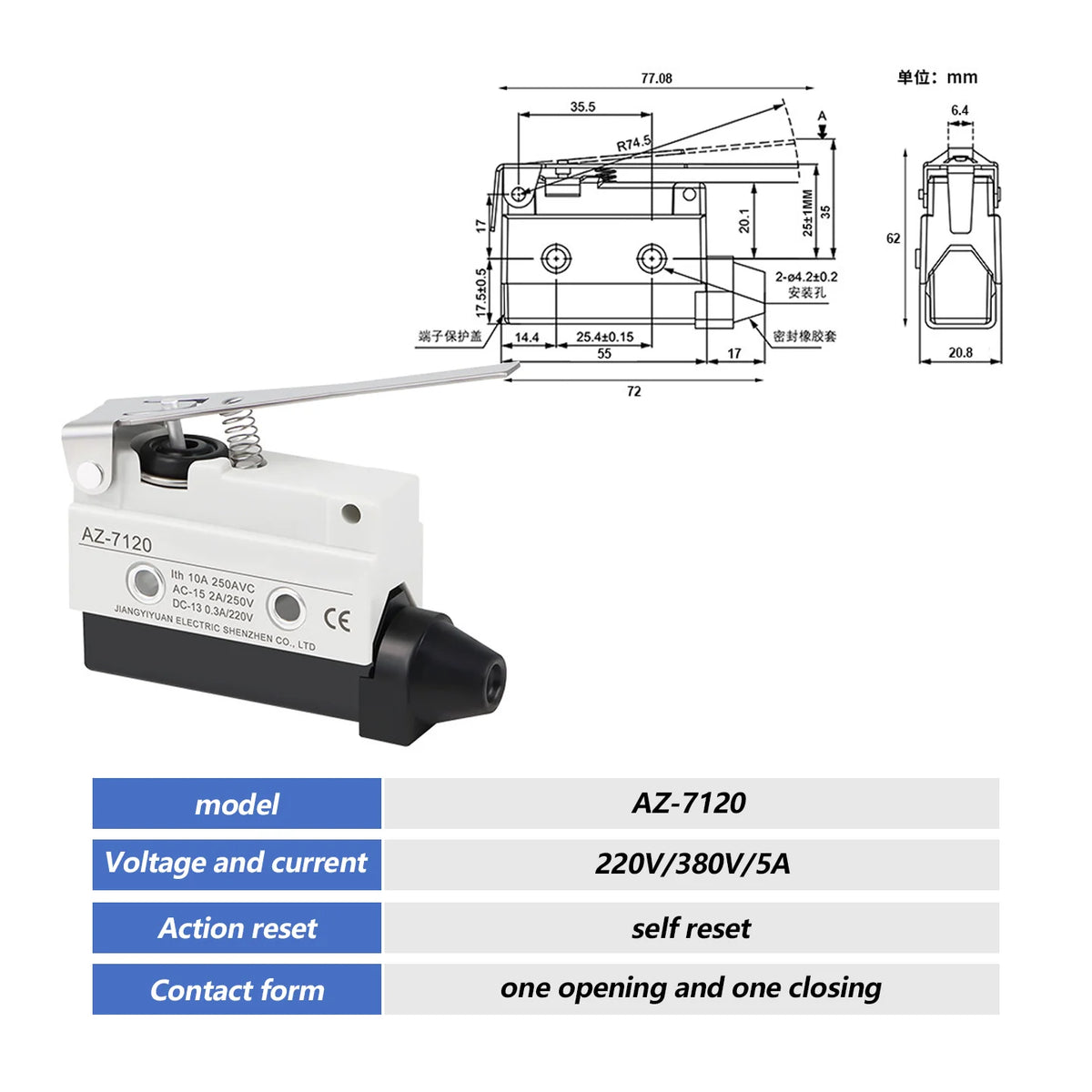 10A 250V AZ Waterproof Microswitch Travel Micro Limit Switch Small Horizontal Roller Lever AZ-7312 AZ-7311 AZ-7121 AZ-7310