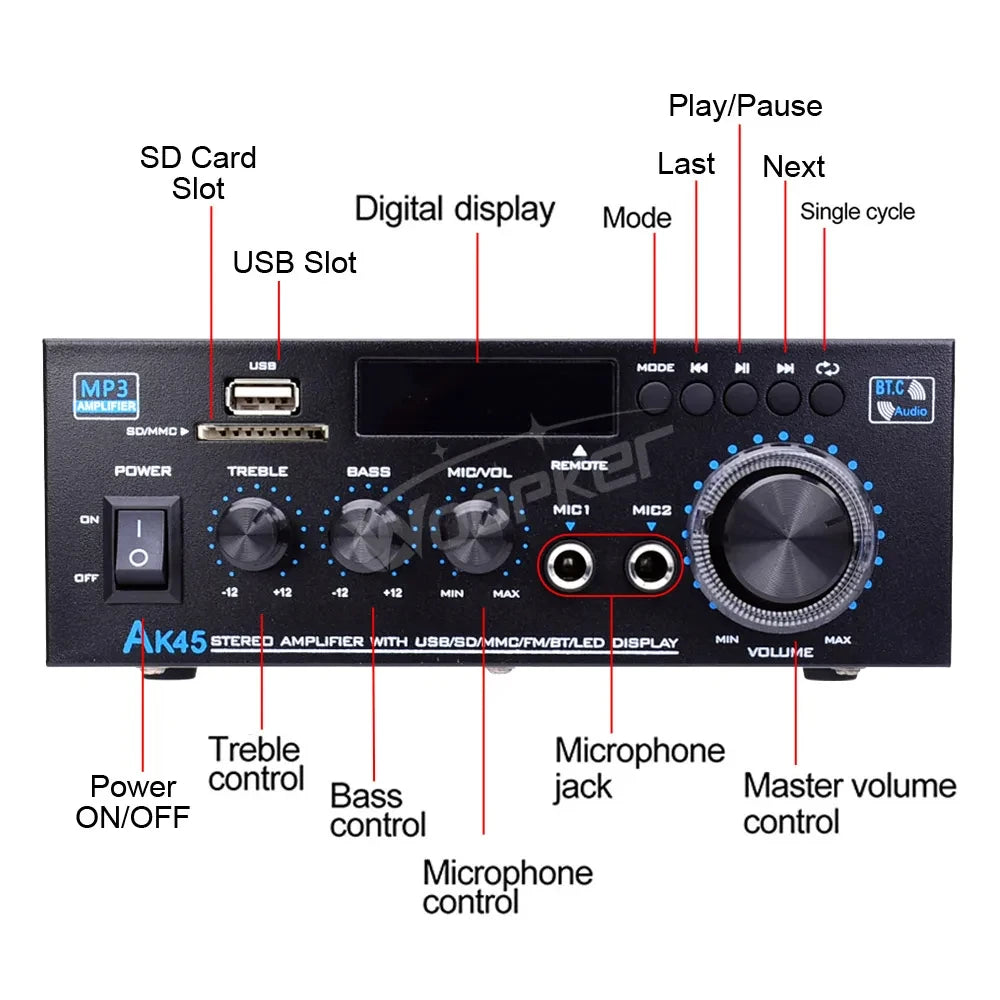 Woopker AK35/AK45 Pro/AK55 Digital Amplifier Bluetooth Sound Amplifier 2 Channel HIFi FM USB Audio Amp For Home Car Karaoke