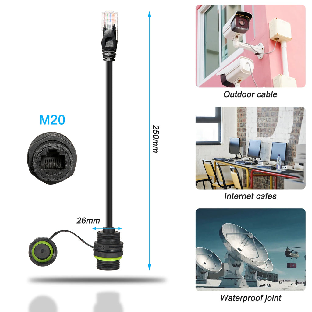 1PC RJ45 8p8c Waterproof Connector, RJ45 Male to Female, Panel Mount Type, Zinc Alloy Body+PA66 Plastic+Copper Contact 250mm