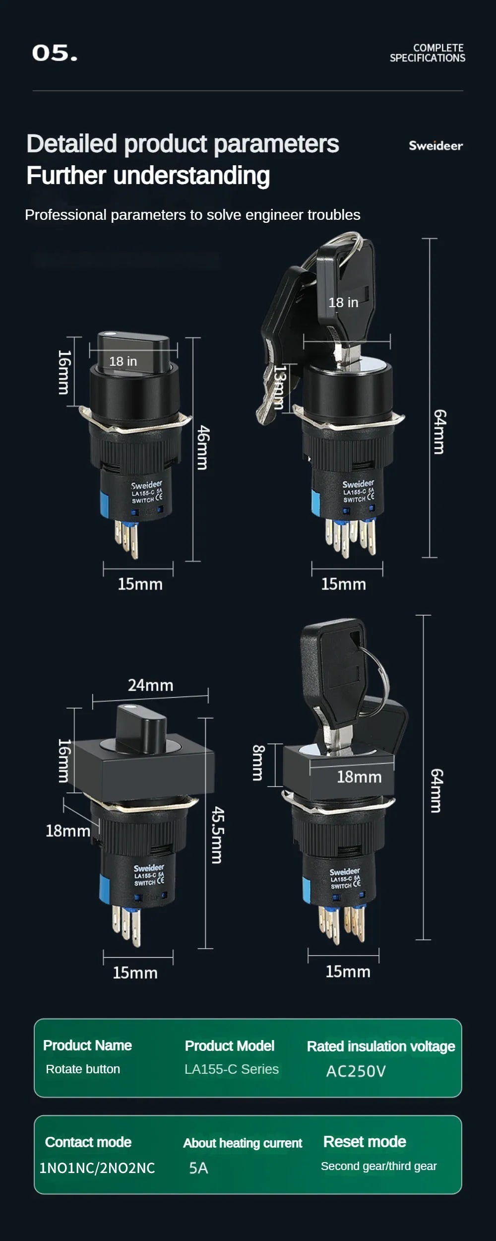 16mm Rotary Knob Push Button Switch 2 3 Positions Latching Self Lock 3/6 Pins Round Square Key Selector Start Up Power Switch