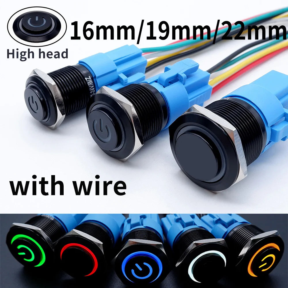 16mm 19mm 22mm Black On Off Metal Button Switch Car Power Start Stop Led Light Waterproof Reset Latching With Socket 5V 12V 220V