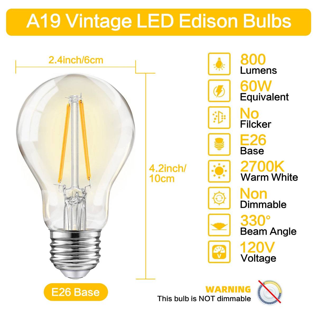 Vintage LED Filament Bulb , Edison Style Non-Dimmable, 2700K Amber Warm White A19 Bulb, Amber Glass, for Pendant Lights, Ceiling Lights, Restaurants, Cafe Home Decoration Lighting，4/6/12/24pack