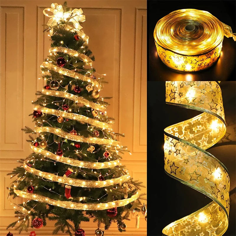 2026 Christmas Ribbon Fairy Light String 1-10m Merry Christmas Decorations Home Xmas Holiday Navidad New Year 2025