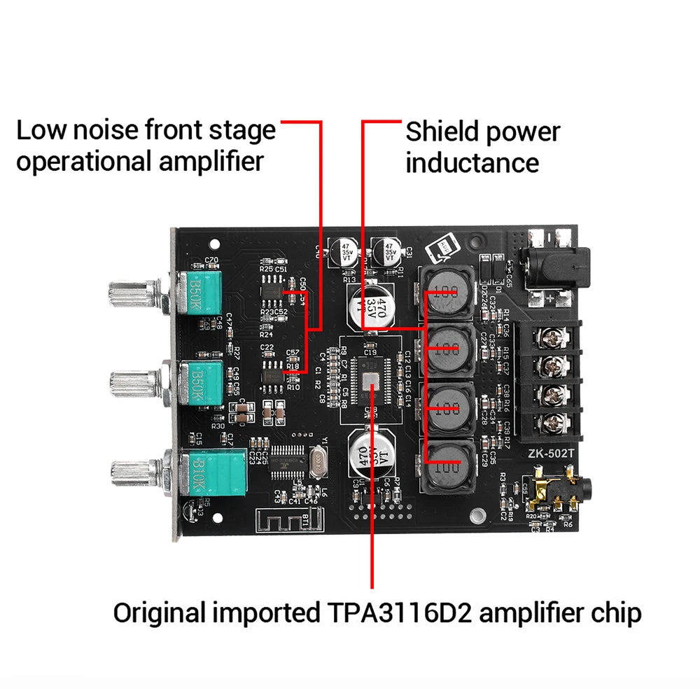 ZK-502T Dual Channel Stereo Power Amplifier Module TPA3116D2 Chip 50Wx2 Bluetooth 5.0 AUX Input DC9-24V High Low Bass Adjustment Audio AMP Board for Speaker DIY