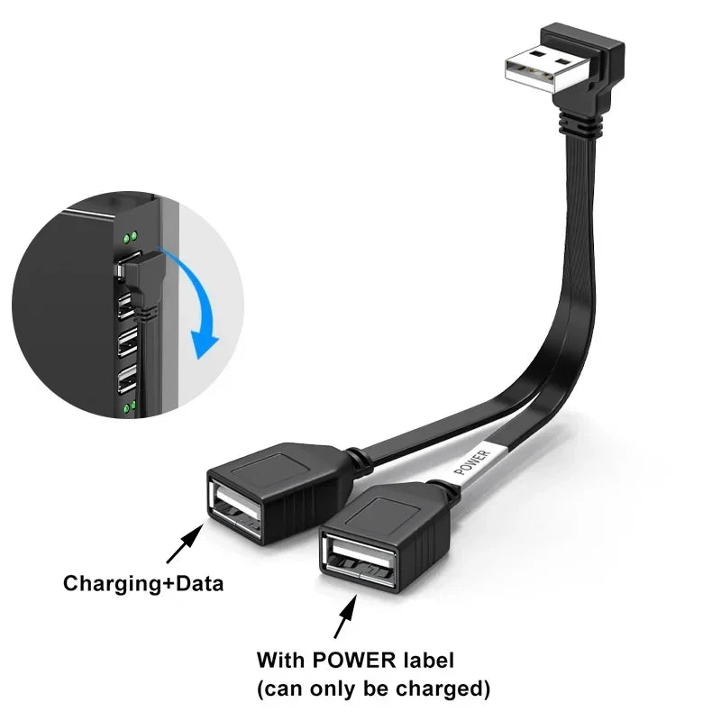 65W USB 1 to 2 Fast Charging Elbow Computer Extension Cord Flat Data Cable Mobile Phone Car Expander Carplay Splitter 10/20cm
