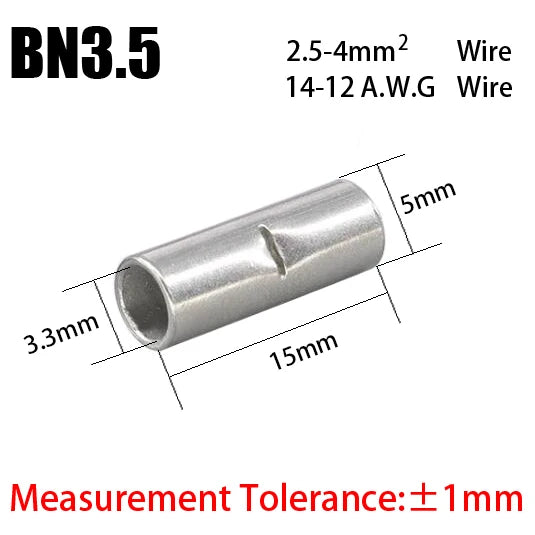BN Copper Electrical Wire Cable Connection Crimp Sleeve Tubular Ferrule Lug Connector Non-Insulated Tube Butt Splices Terminal