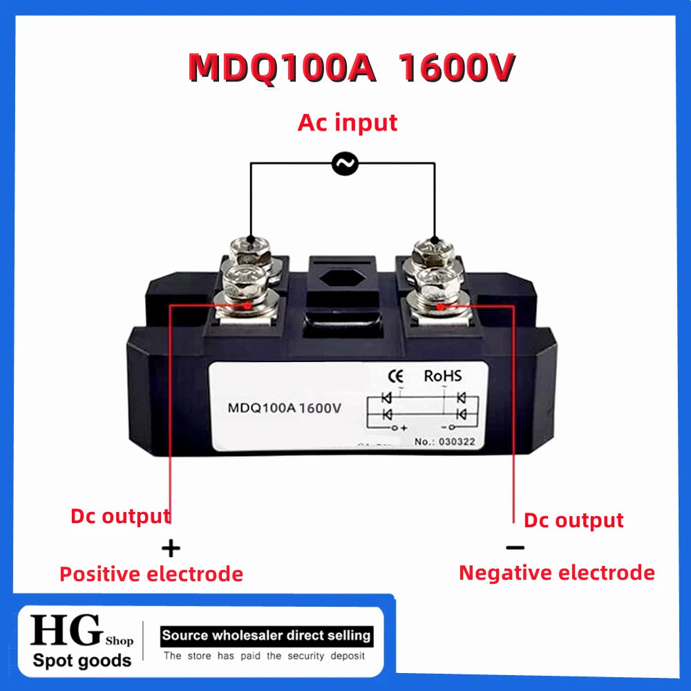 100A MDQ100A-12V 24V 36V 48V 60V 220V 600V 800V  1000V 1200V 1600V MDQ100A single-phase rectifier bridge AC-DC module 100Amp 160