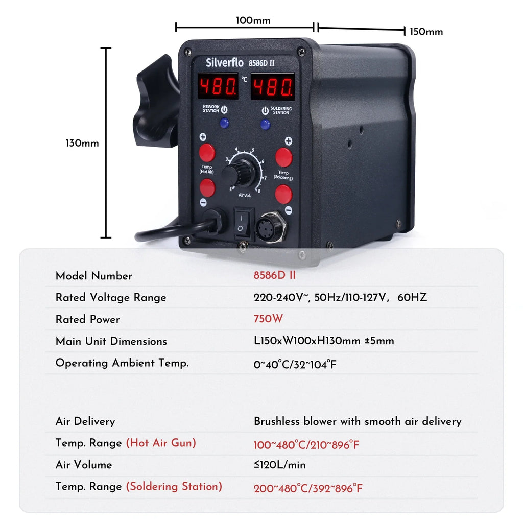 Silverflo 8586D-II Soldering Station 2 IN 1 Soldering Iron Hot Air Station Welding Rework Station With10-Minute Sleep Mode