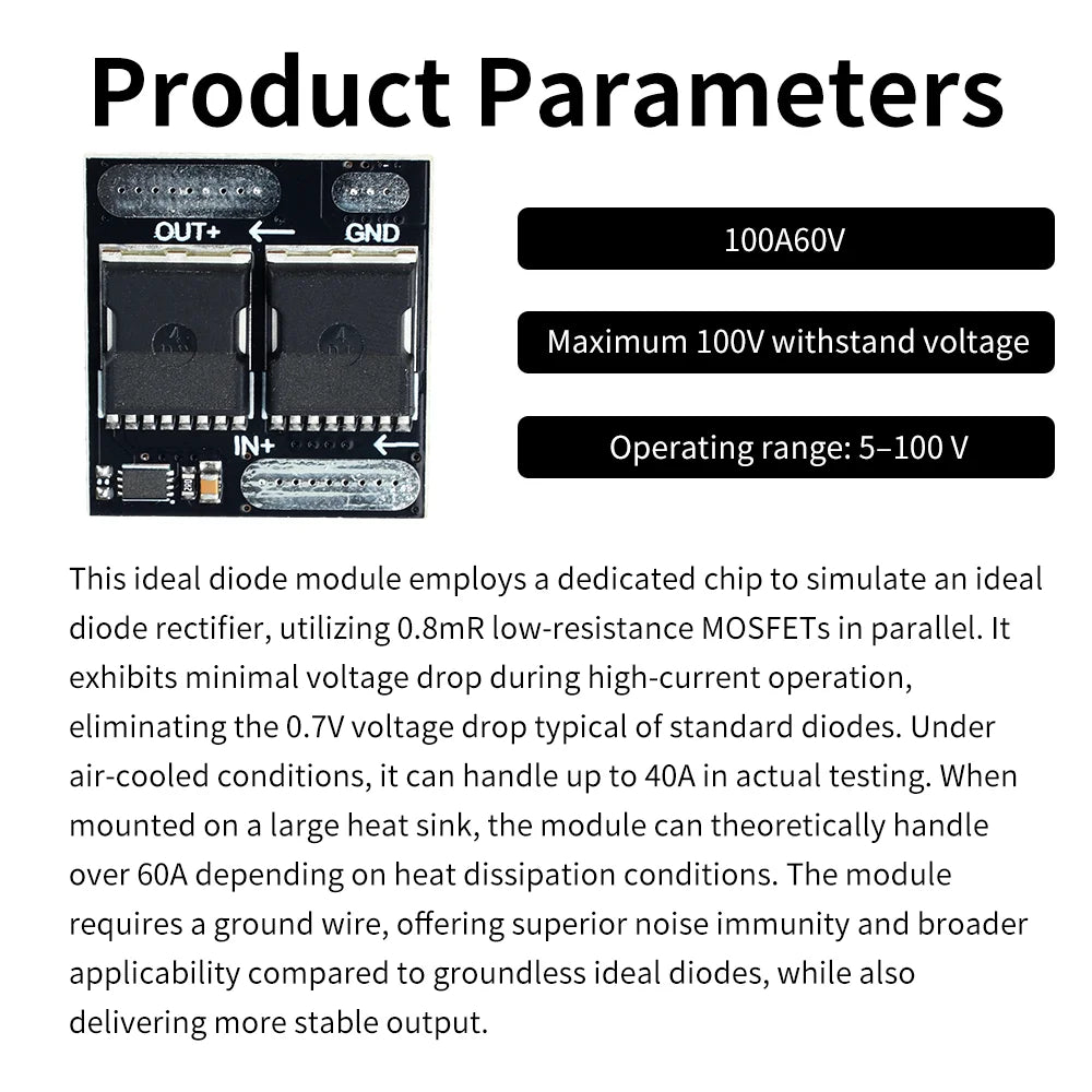 Ideal Diode Module 100V/30A 60V/10A Anti-Backflow Rectifier Board Ultra-Low Power Industrial Power Protection