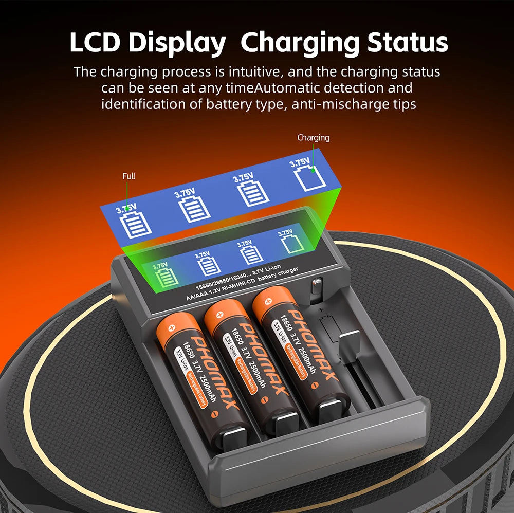 PHOMAX USB LCD Battery Smart Charger 2/4 Slots Dual For 18650 3.7V Rechargeable Lithium Battery For 1.2V NI-MH AA / AAA Battery