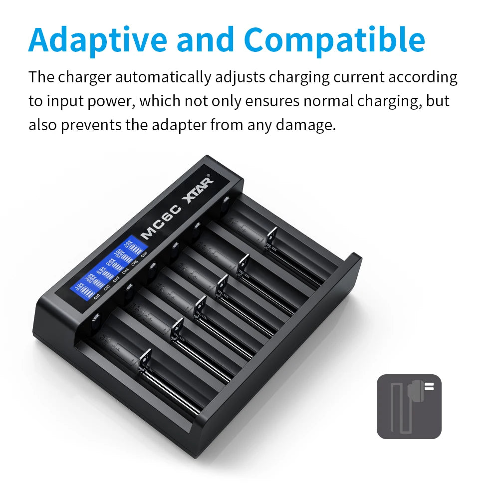 MC6C 6-Slot Independent Charger LCD Display for Li-ion Ni-MH USB-C Input 0V for 21700 18650 Li Battery AA AAA Battery Activation