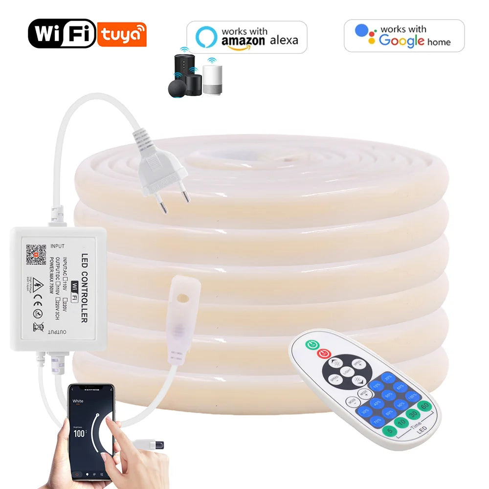 Wall Touch Wifi Bluetooth COB LED Neon Strip Light 220V Dimmable 23key Remote Control Power Kit AC 220V 288LED/m Waterproof Rope