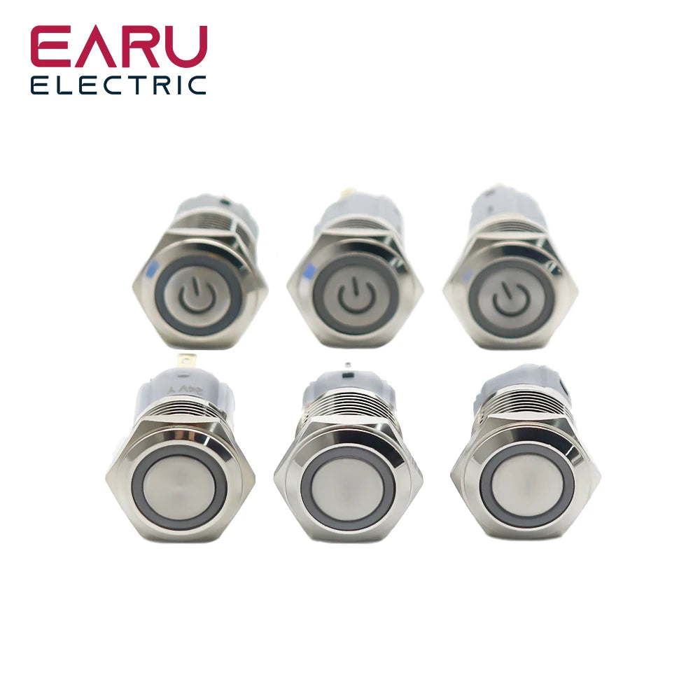 16mm Metal Push Button Switch Ring Lamp Power Symbol Buttons Waterproof Flat Head Momentary Latching LED Light Self-lock 1NO1NC