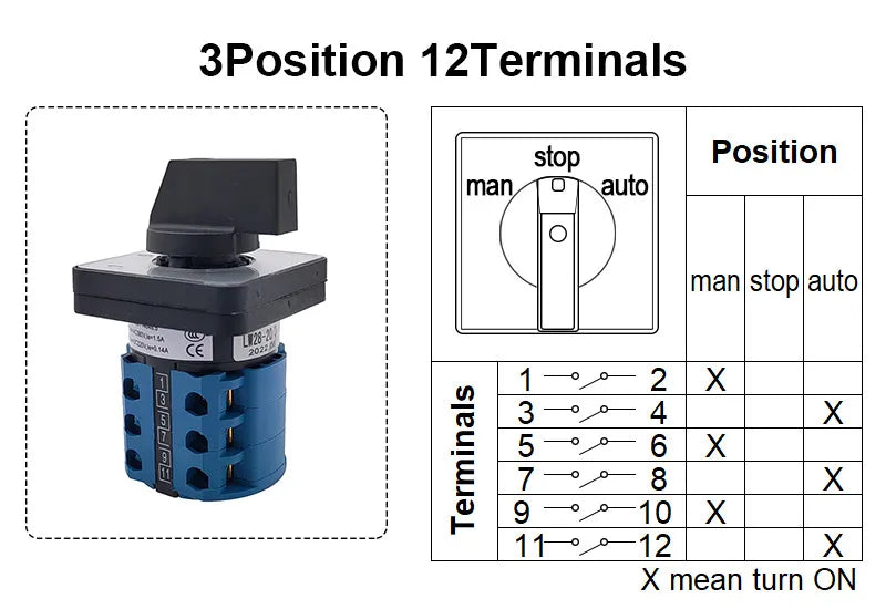 Electric 3/4 Position 12Terminals Rotary Cam Changeover Switch 500V 20A LW28-20