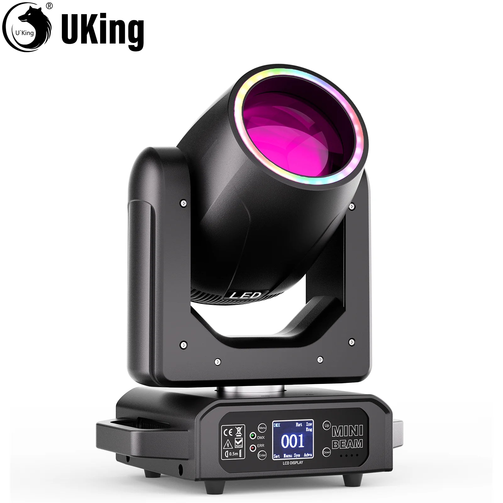 U'King 200W LED Beam Spot Moving Head Light With Ring 12Gobo 8Color 18Prism Rainbow Effect Dmx Stage Lights For Disco Party CLub