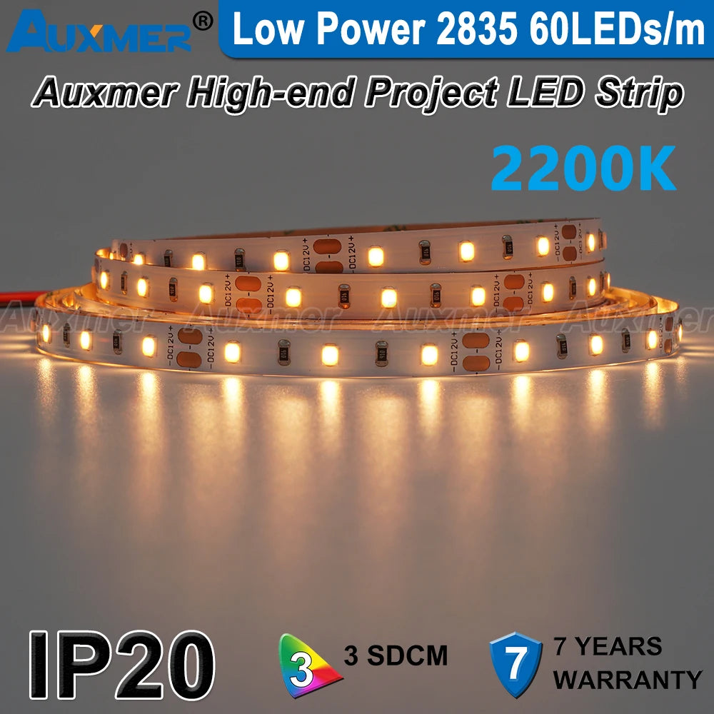 Auxmer Low Power 2835 LED Strip,Mono Color,120LEDs/m 240LEDs/m,CRI＞95/90,3SDCM,Super Bright Flex LED DC12/24V,5m/reel,IP20