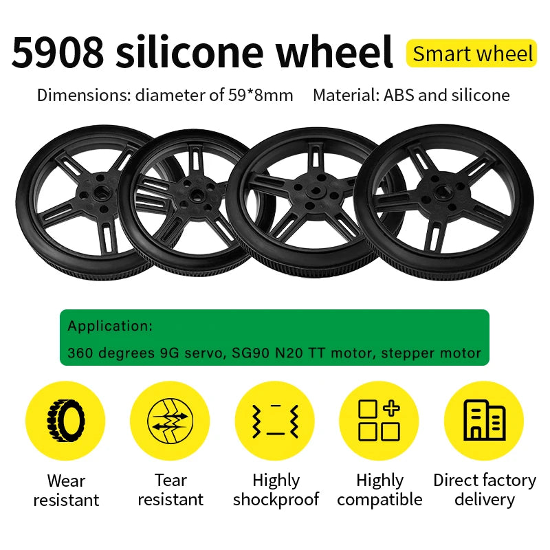 4 PCS 5908 Silicone Tire Wheel Compatible Robot Smart Car N20 TT Motor With 360-degree SG90 MG996R Servo For Arduino Project