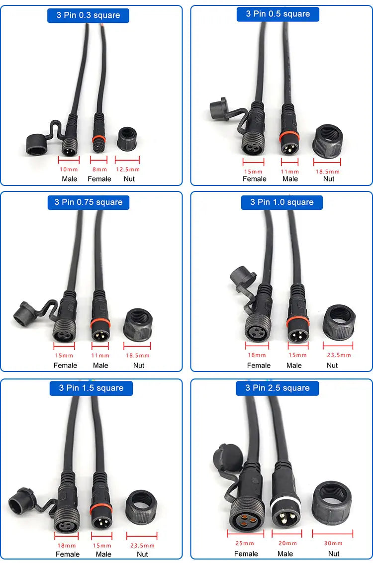 IP68 2 3 4 5 Pin 0.3/0.75/1.5 Square Waterproof Male Female Cable Connector Plug Butt Extension Line Outdoor LED Wire Connector